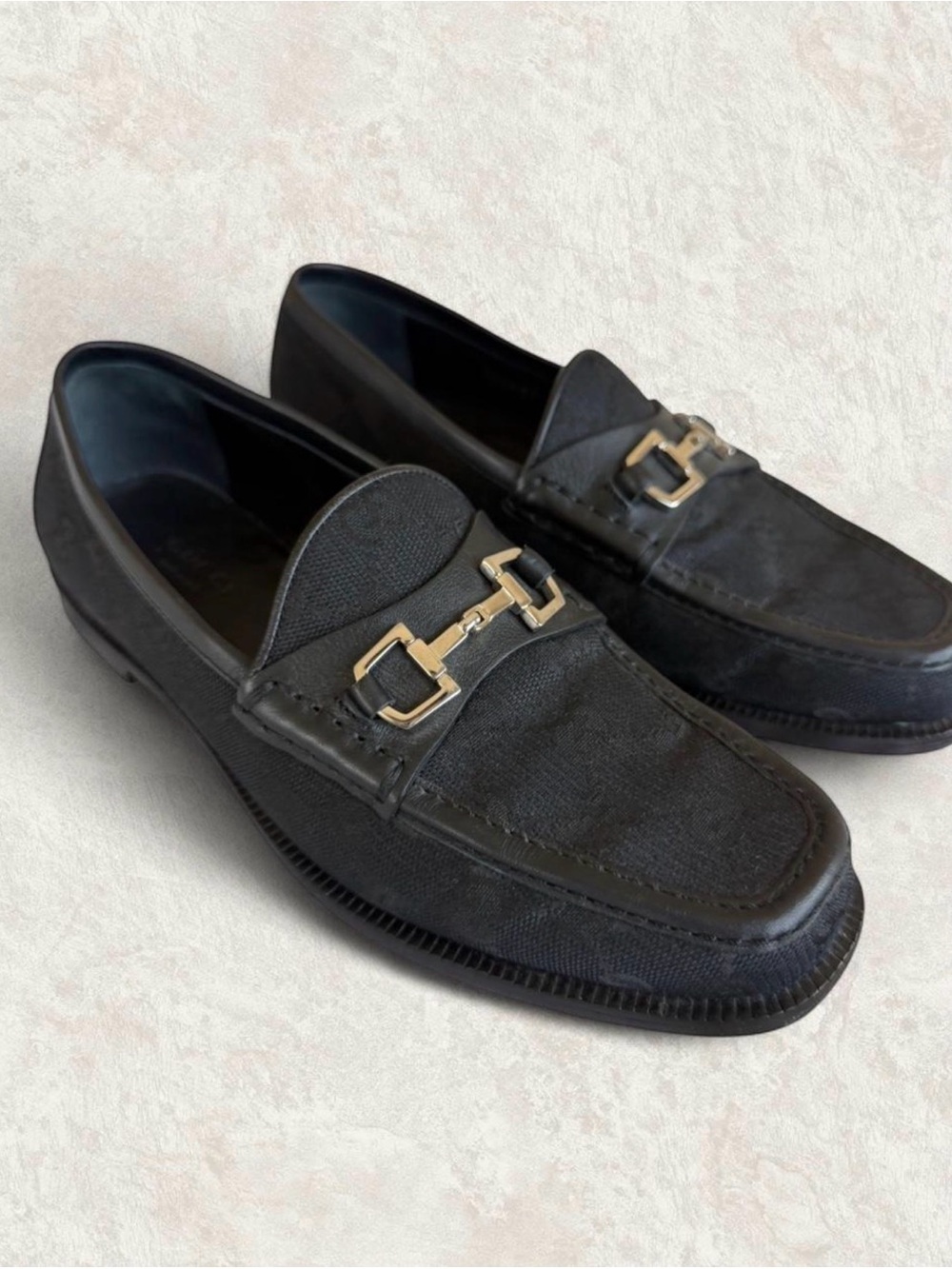 GUC Auth Gucci Tom Ford Black GG Monogram Canvas Leather Horsebit Loafers